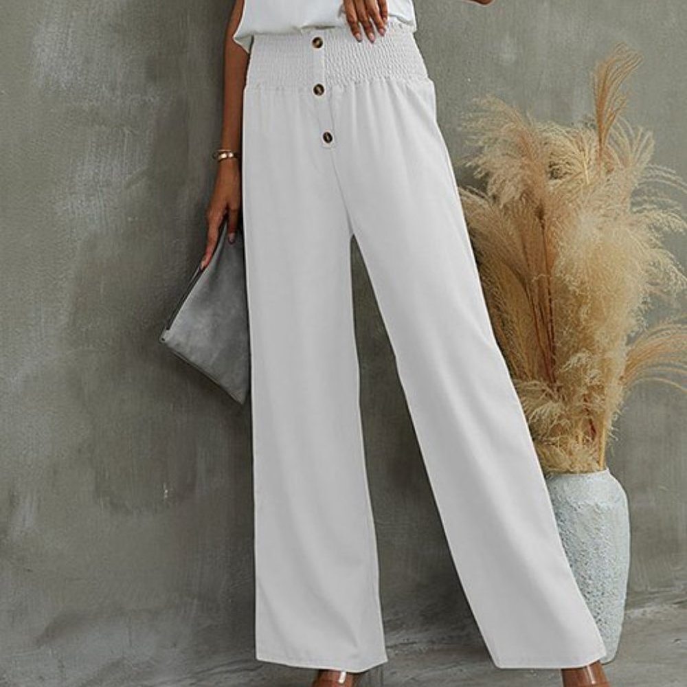 White Wide Leg Smocked Waist Summer Pants By Loveu Dear 1X